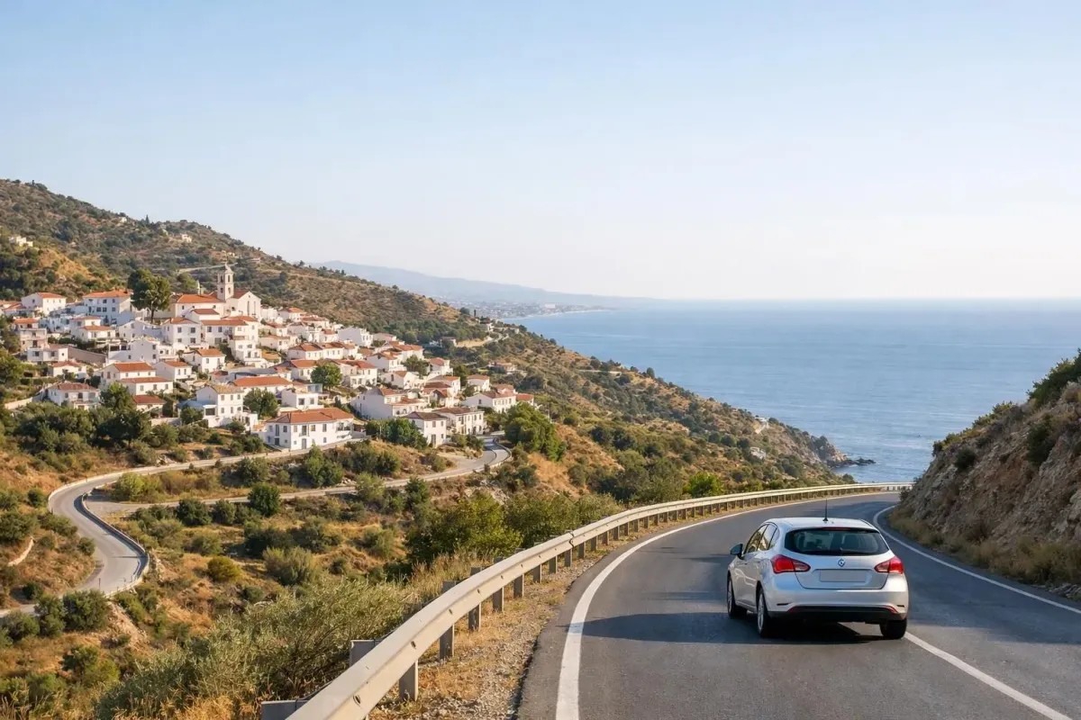 Open road winding through whitewashed Andalusian hillside village with terracotta roofs, Mediterranean sea visible in distance, rental car driving along coastal highway during golden hour