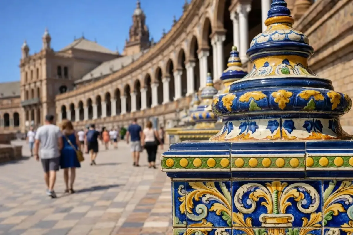 Plaza de España in Seville with colorful ceramic tiles and canal, tourists walking along semicircular building with traditional Spanish architecture under clear blue sky, perfect starting point for Andalusia road trip