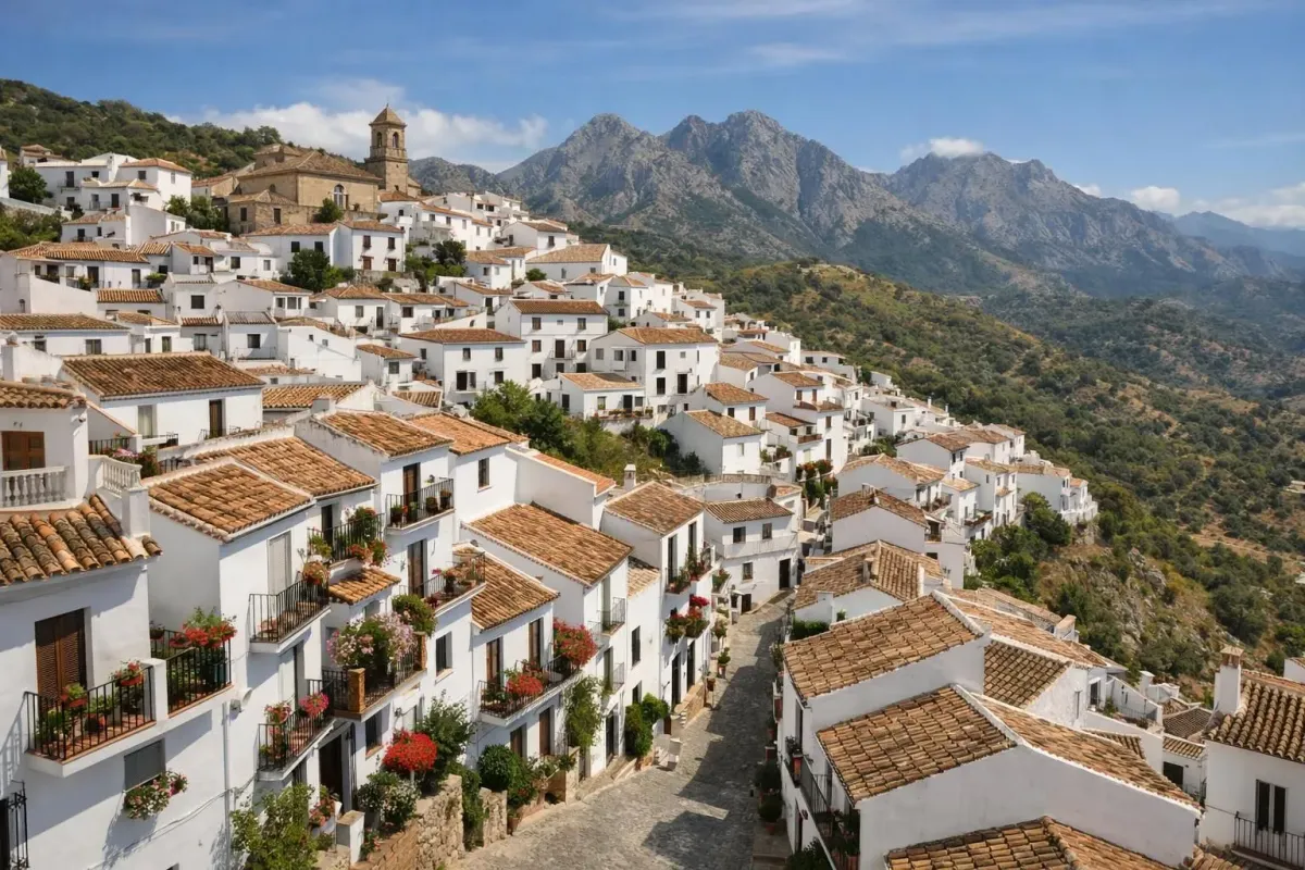 Picturesque white-washed village nestled in rugged mountain landscape.