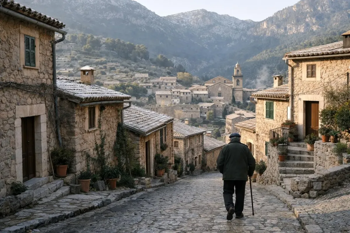 Tranquil Majorcan mountain village in winter morning light with stone houses and local walking on cobblestone street, Mediterranean atmosphere without tourists, authentic everyday life scene