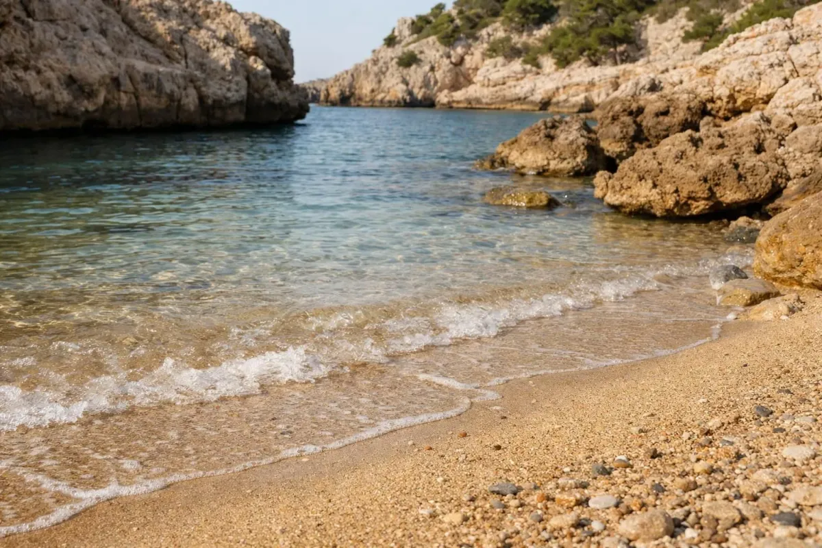 Tranquil cove with crystal-clear waters and rocky shoreline.
