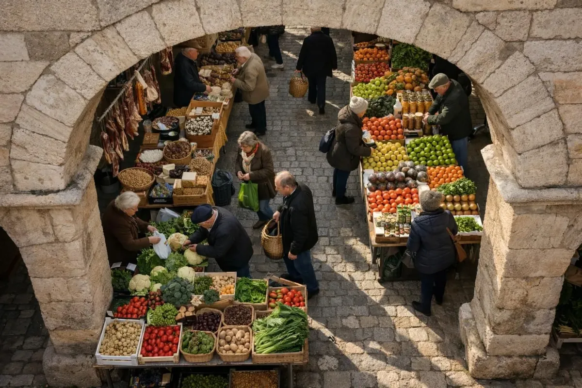 Traditional Majorcan weekly market in winter with stone archways, fresh vegetables and local vendors in warm morning sunlight, authentic Mediterranean atmosphere without crowds