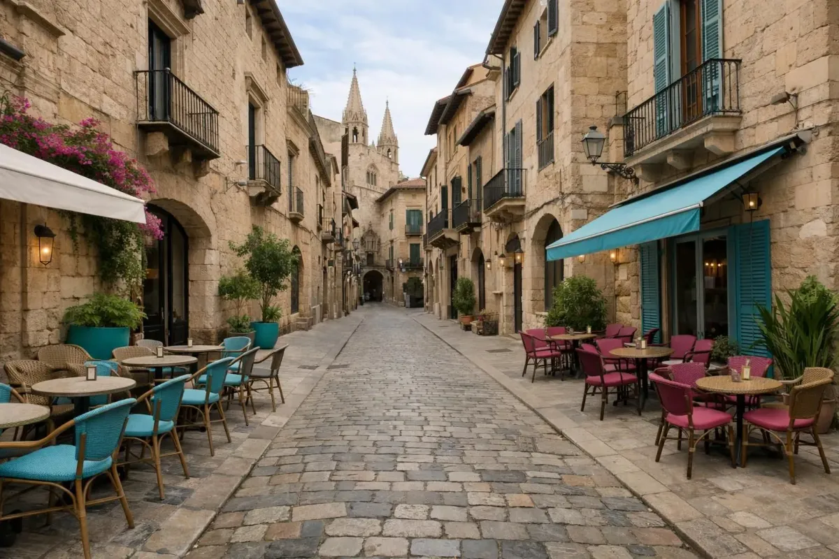 Charming medieval street with cafes, cobblestones, and cathedral spires.
