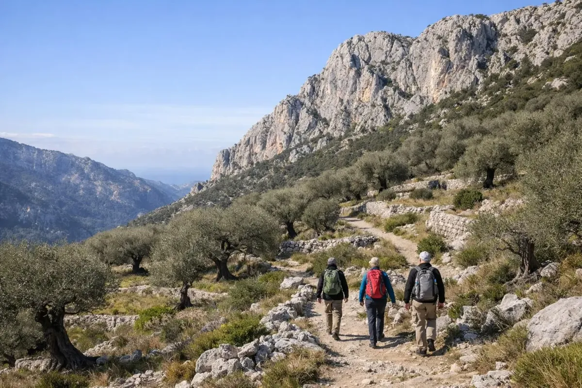 Hikers on rocky trail winding through Serra de Tramuntana mountains with ancient olive groves and dramatic limestone peaks under blue winter sky, Mallorca landscape photography
