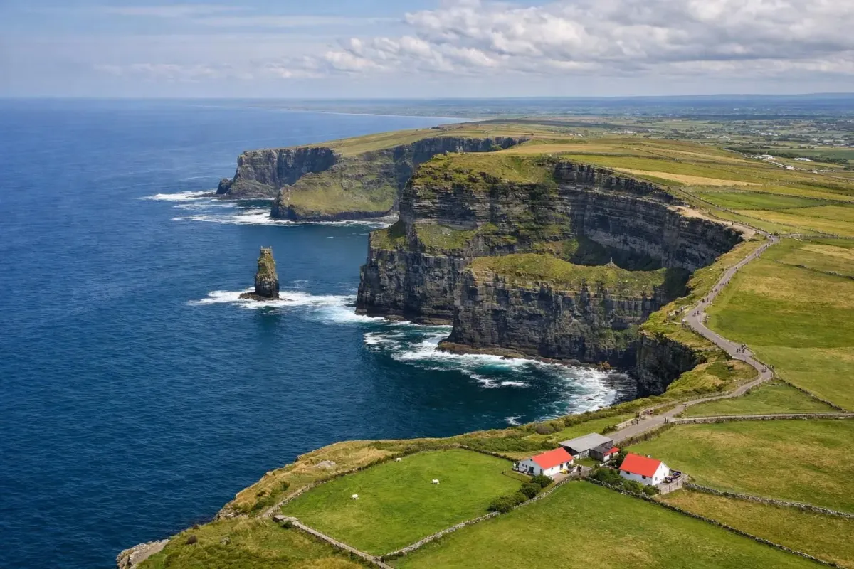 Dramatic coastal cliffs, lush green fields, and a lone island.