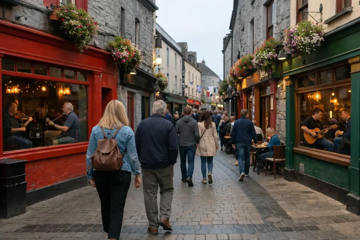 Vibrant Galway street scene with colorful traditional Irish pub facades in red, yellow and blue, pedestrians walking along cobblestone streets in the historic Latin Quarter, musicians visible through pub windows, hanging flower baskets, authentic Irish architecture