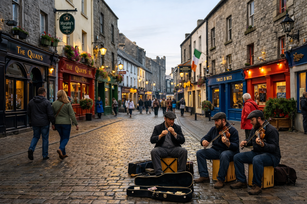 Morning scene in Galway city center showing cobblestone streets with traditional colorful shopfronts and Irish musicians performing on Shop Street, with pedestrians walking and historic stone buildings lining the narrow medieval street under soft natural light