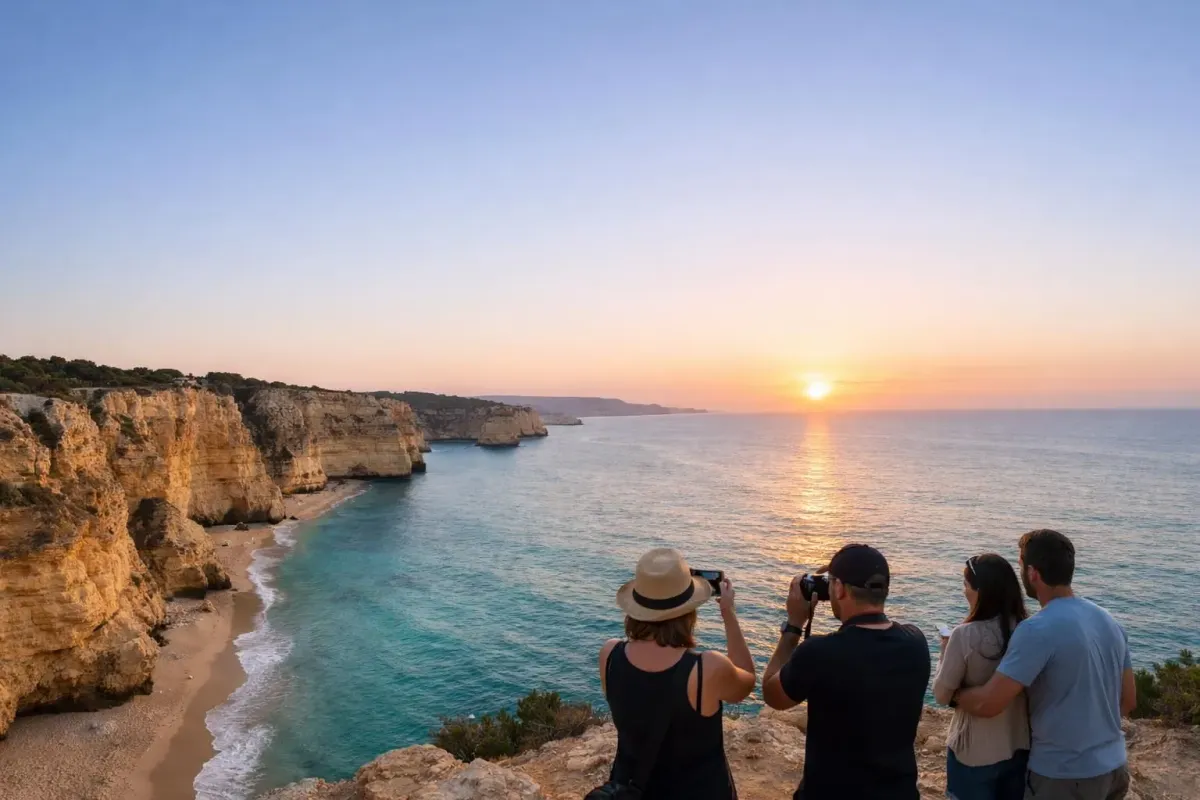 Stunning coastal sunset, rocky cliffs, turquoise waters, tourists photographing the view.