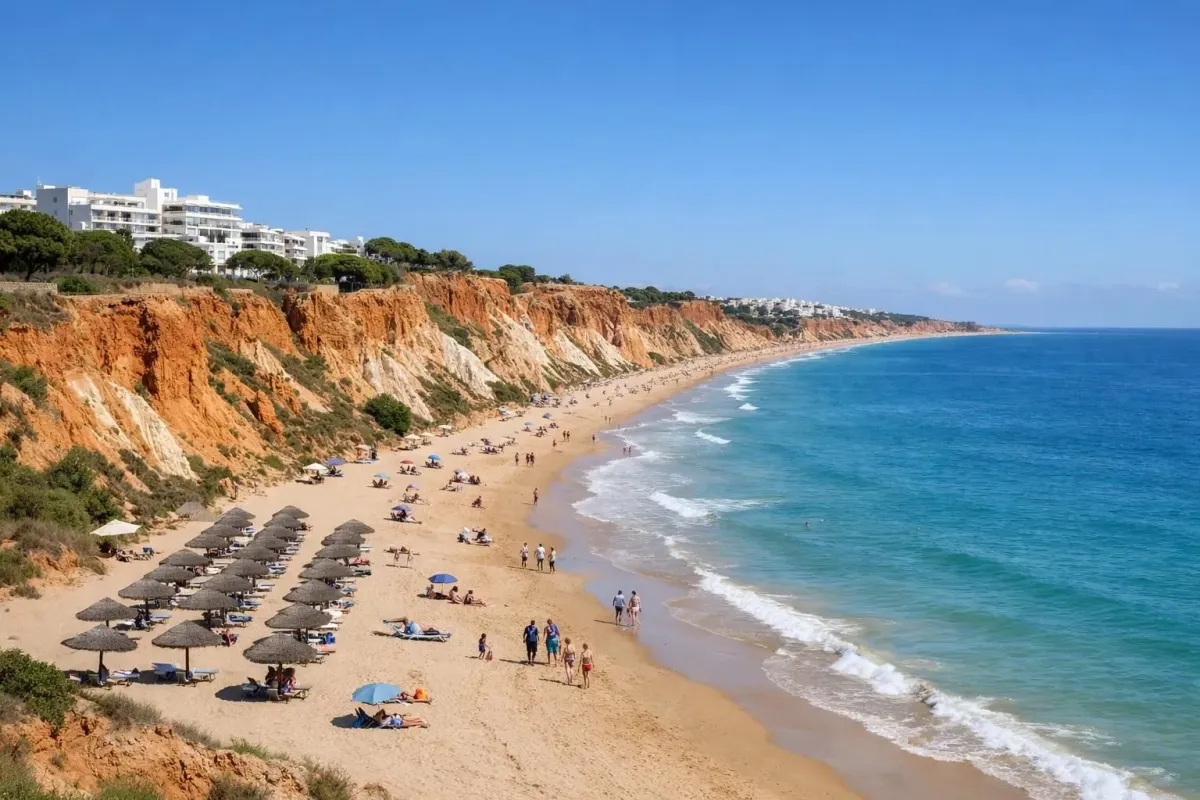 Wide angle view of Praia da Falésia in Albufeira showing ochre cliffs meeting turquoise Atlantic waters, scattered beach umbrellas, families walking on golden sand under clear blue sky, whitewashed Portuguese buildings visible on clifftop