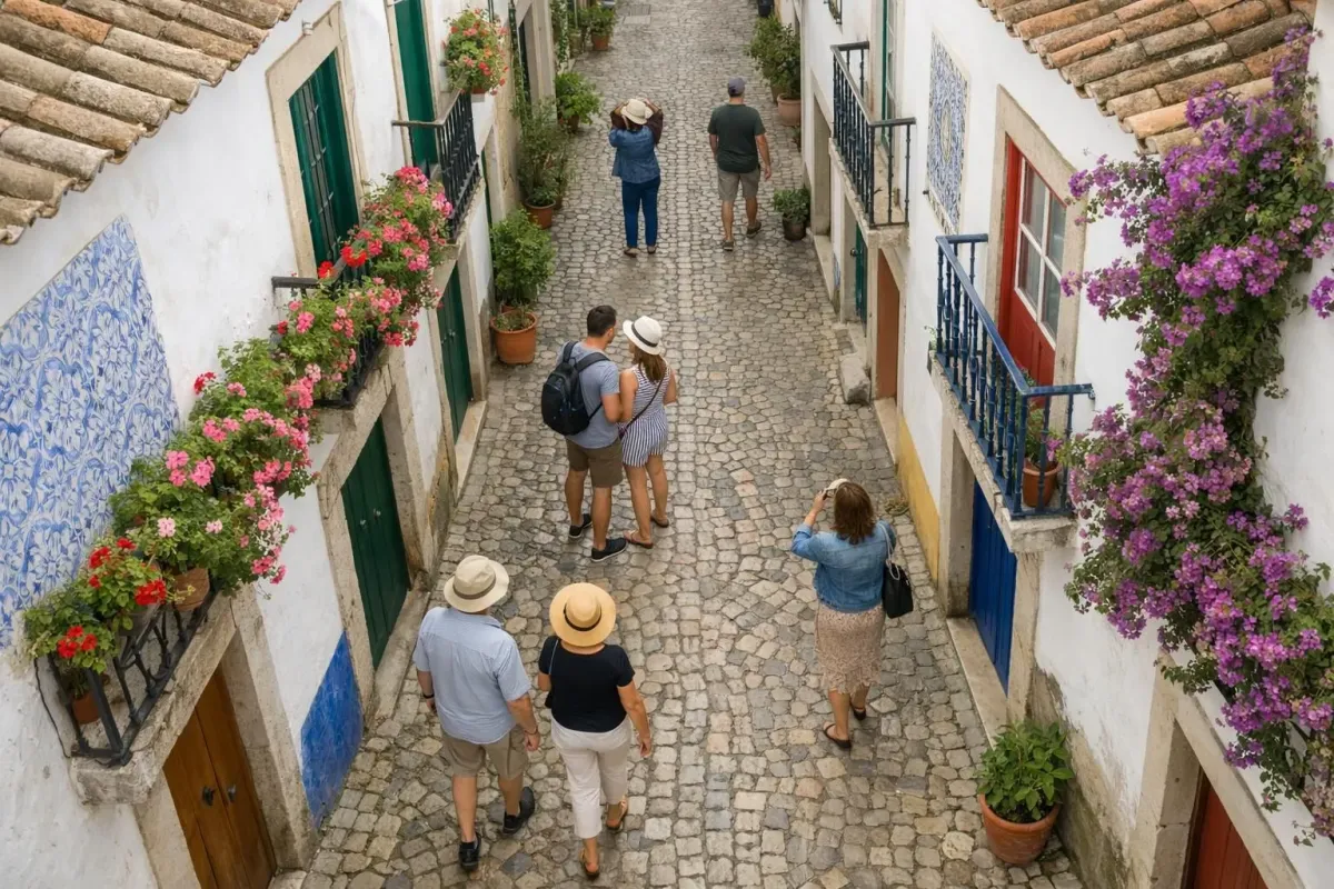 Colorful, flower-adorned alleyway with tourists exploring the quaint surroundings.