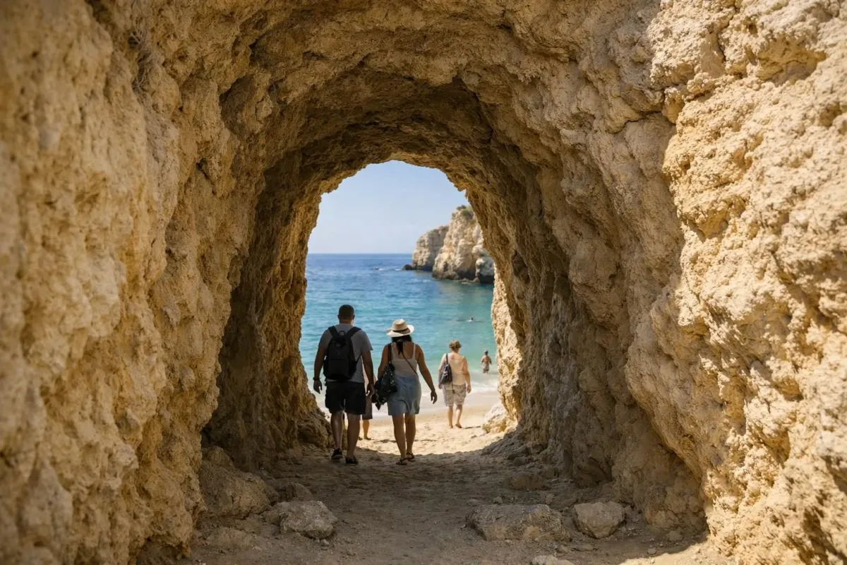 Dramatic natural rock tunnel carved through golden limestone cliff opening to turquoise beach waters, sunlight streaming through stone archway with visitors emerging onto sandy shore, warm Mediterranean atmosphere showcasing Algarve coastal geology