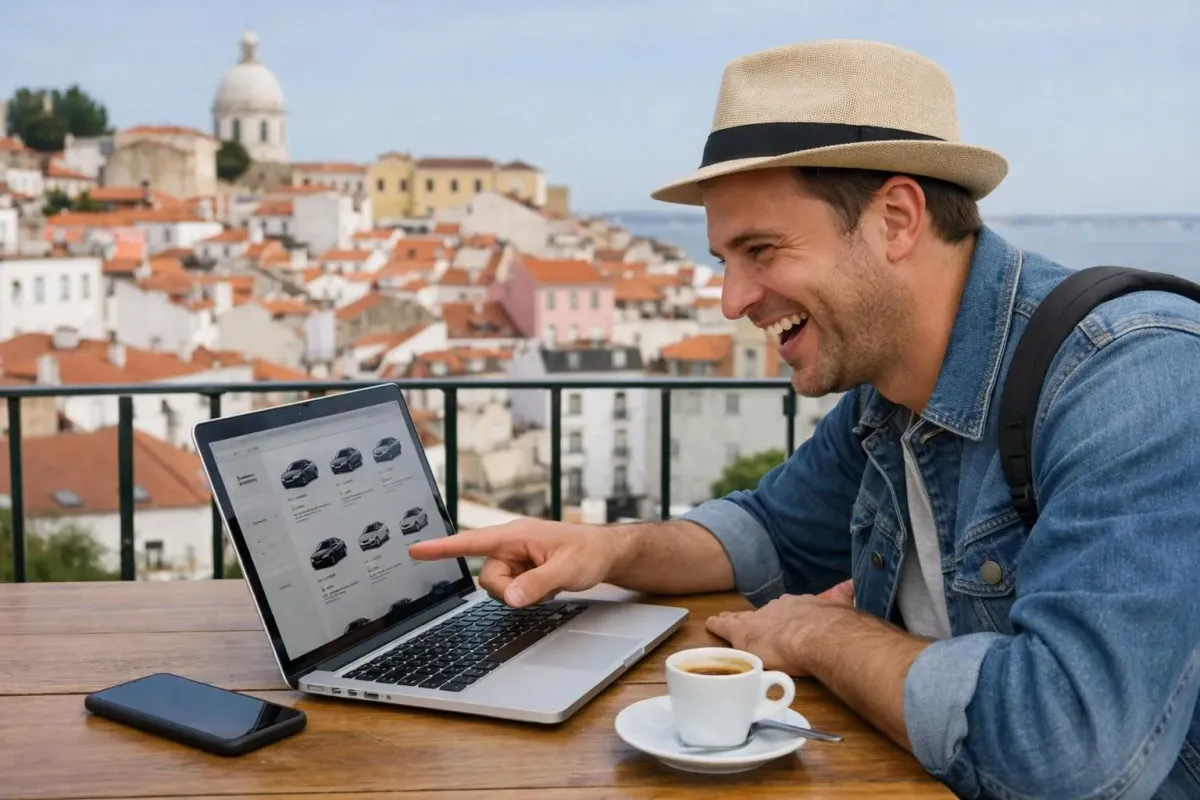 Un voyageur sur la terrasse d'un café consulte une comparaison de locations de voitures sur son ordinateur portable, avec la skyline de Lisbonne en arrière-plan. Il a l'air enthousiaste en vérifiant les prix, son smartphone et une tasse de café portugais sur la table en bois.