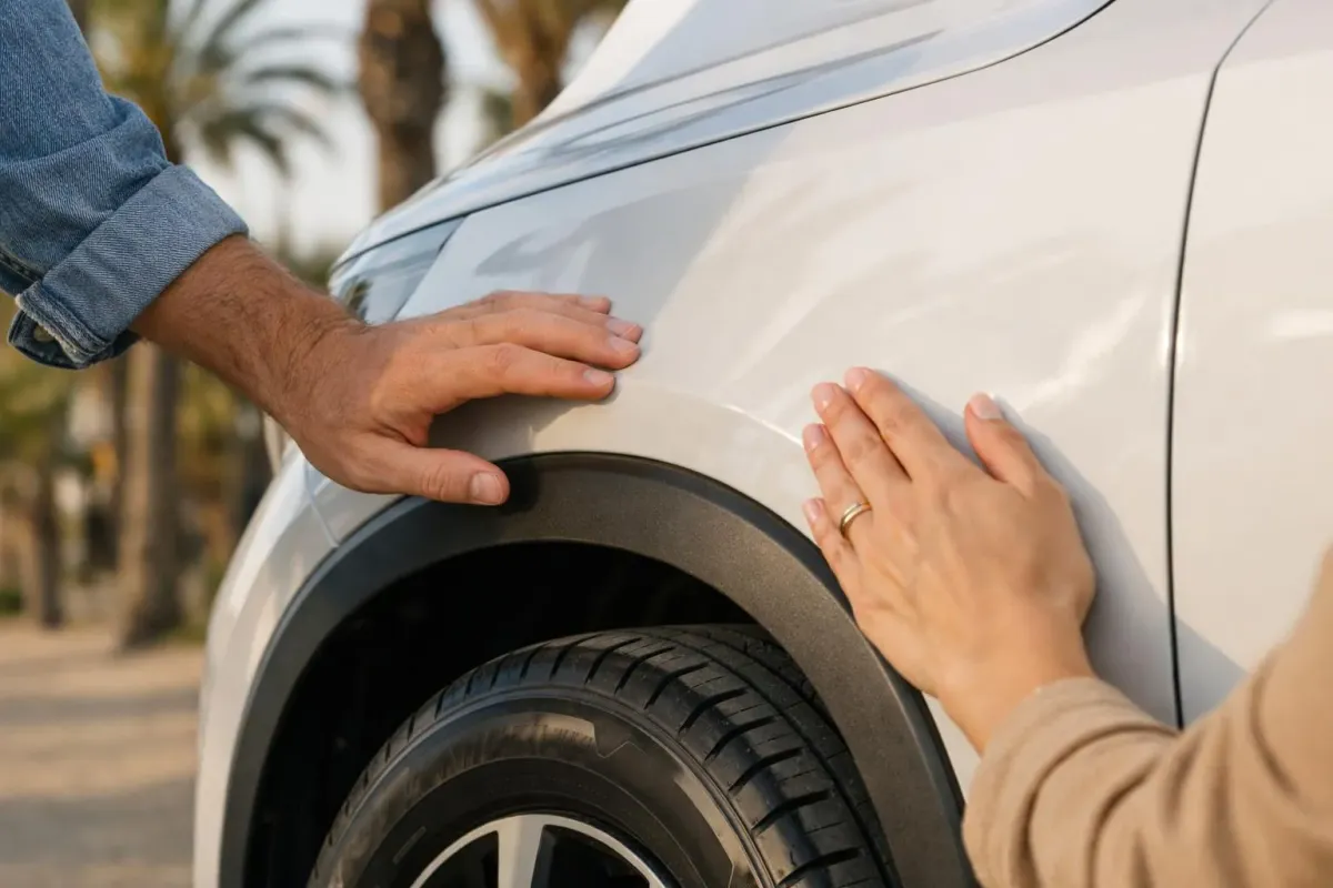 Couple inspectant un SUV blanc moderne devant une agence de location espagnole, vérifiant pneus et carrosserie, palmiers en arrière-plan