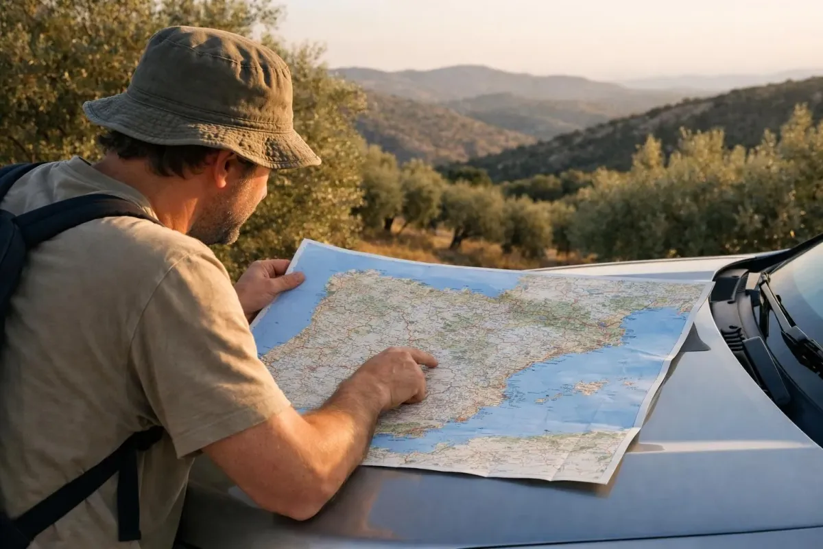 Voyageur consultant une carte routière d'Espagne dépliée sur le capot d'une voiture, collines méditerranéennes et oliviers en arrière-plan, lumière dorée de fin de journée