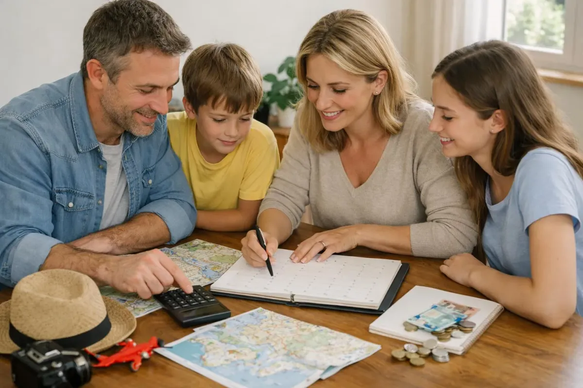 Famille planifiant un road trip en Espagne autour d'une table avec calendrier, calculatrice et cartes routières, lumière naturelle chaleureuse