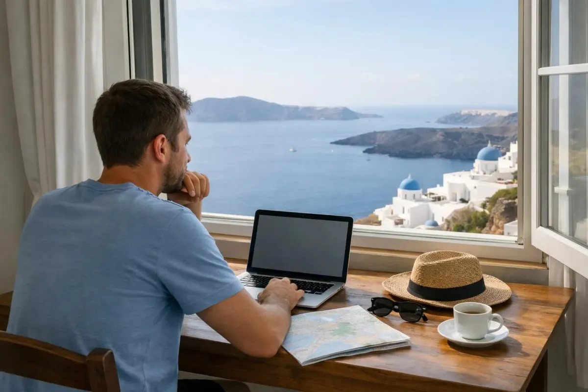 Voyageuse préparant son voyage aux Cyclades, ordinateur ouvert sur un comparateur, vue sur les maisons blanches de Santorin en arrière-plan