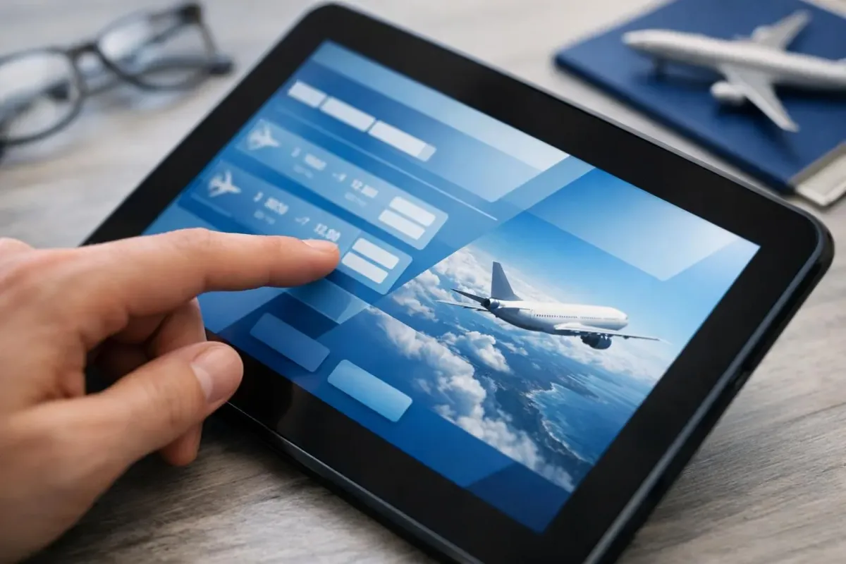 Voyageur réservant un vol pour les îles grecques sur tablette, avion survolant la mer Égée