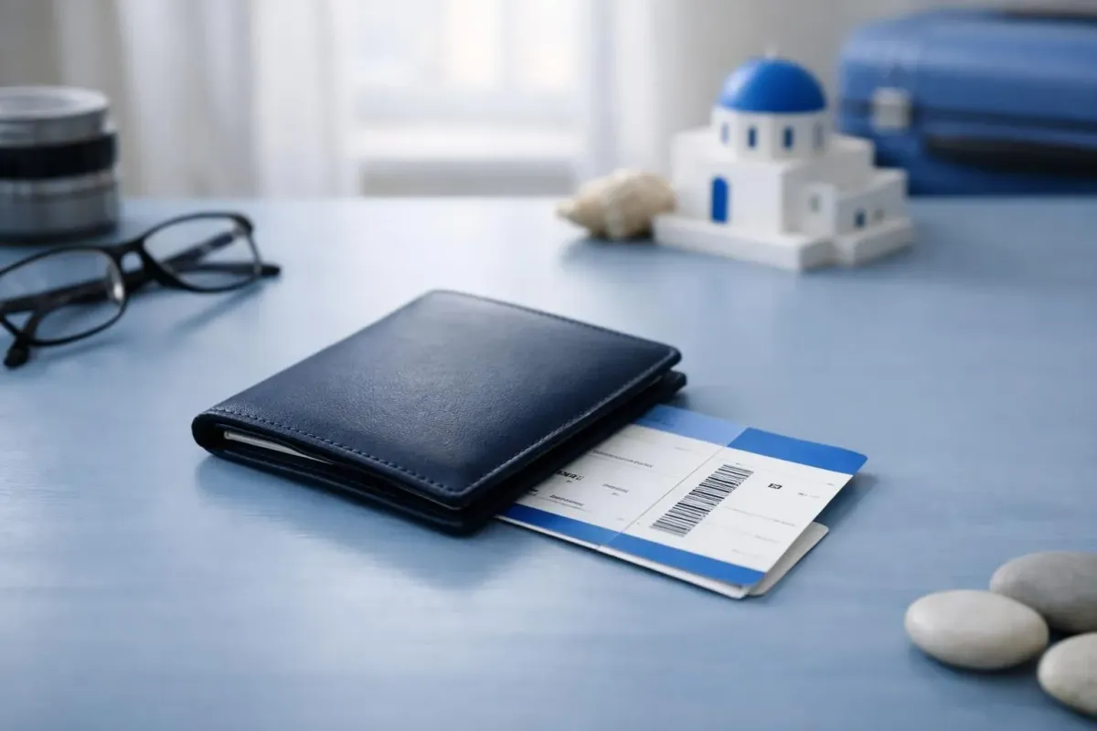 Portefeuille, carte d'embarquement et lunettes posés sur un bureau devant un bâtiment blanc de style cycladique