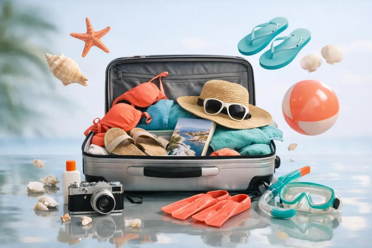 Valise ouverte prête pour un séjour dans les Cyclades : maillot de bain, lunettes et appareil photo