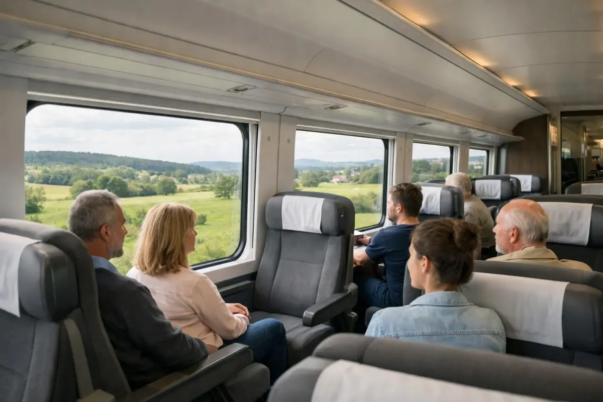 Intérieur moderne d'un train grande vitesse européen avec passagers lisant ou admirant des paysages de campagne verdoyants par les larges fenêtres