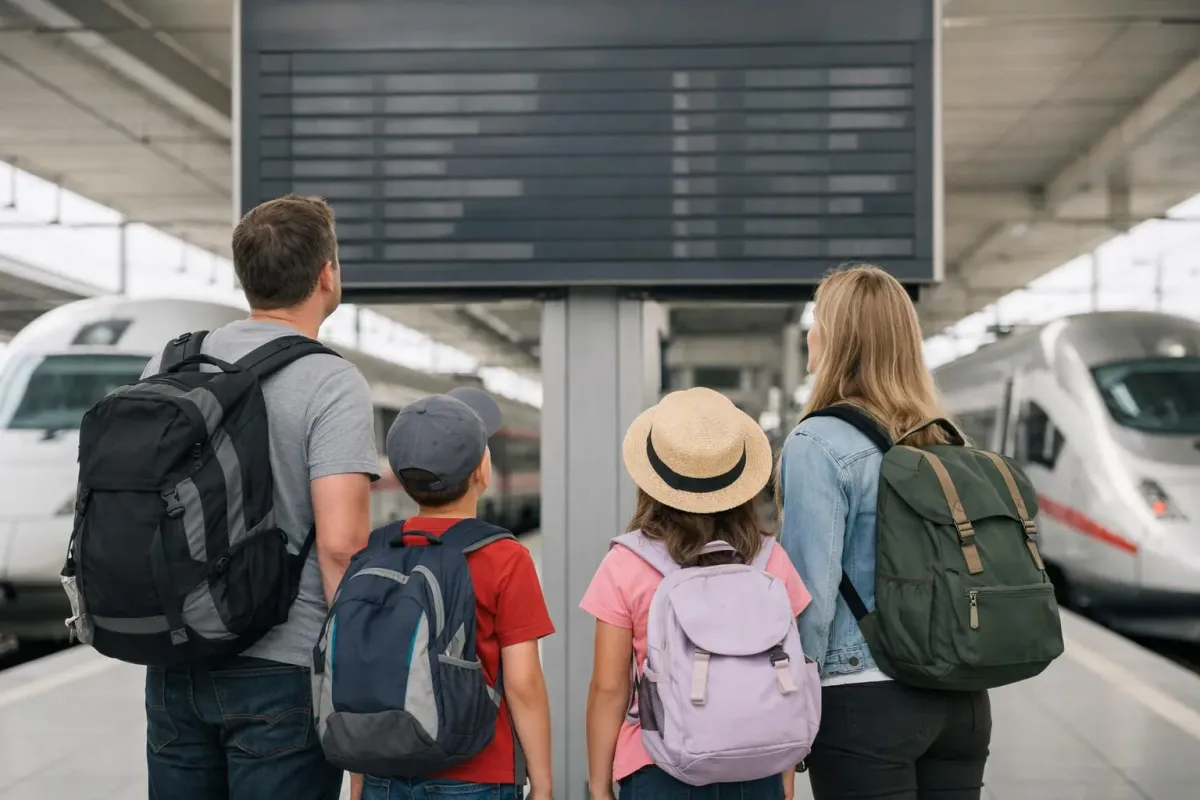Famille de voyageurs devant un panneau de gare européenne montrant des destinations multiples, sacs à dos au sol, trains modernes en arrière-plan