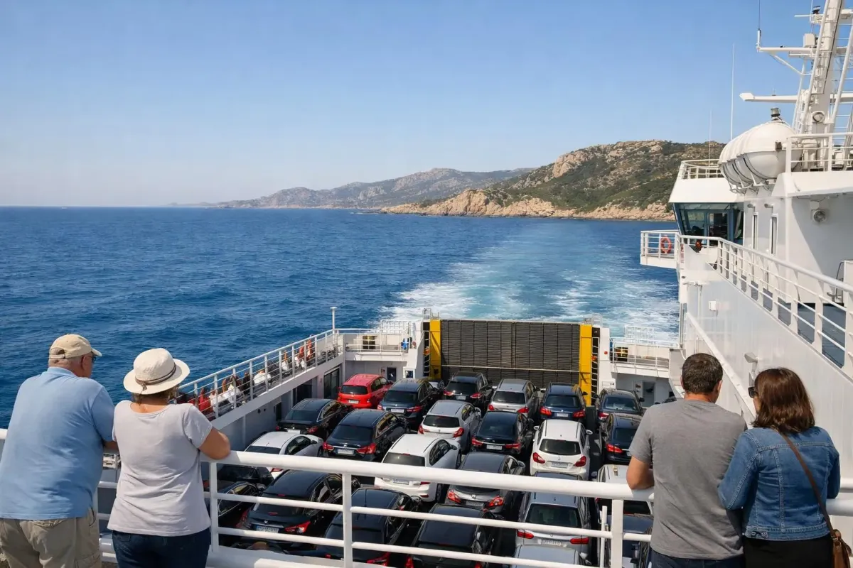 Ferry moderne naviguant en Méditerranée vers une île grecque, passagers sur le pont extérieur admirant la mer bleue turquoise, côte rocheuse à l'horizon