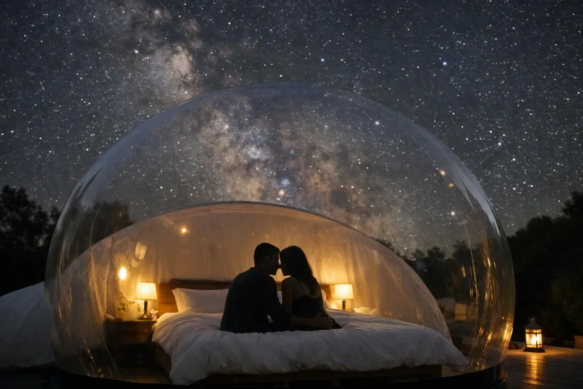Bulle transparente romantique dans une clairière forestière française, couple observant la Voie lactée depuis leur lit