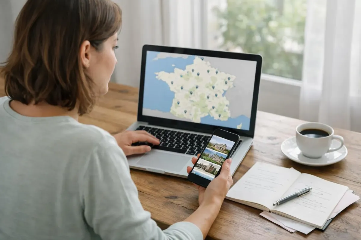 Femme recherchant des hébergements insolites en France sur son ordinateur portable avec carte numérique et photos d'accommodations sur smartphone, notes de voyage manuscrites et café
