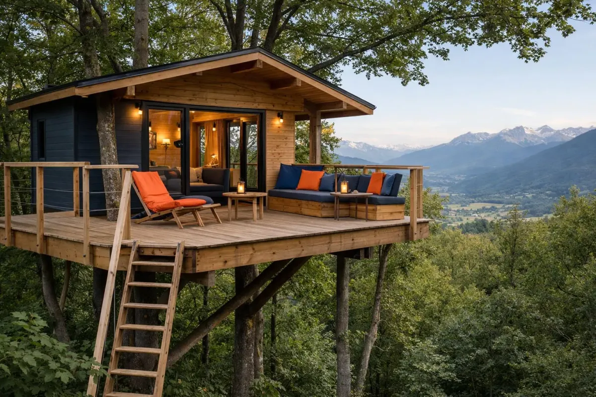 Cabane perchée en forêt française au lever du soleil, terrasse panoramique avec vue sur les montagnes, entourée d'arbres centenaires