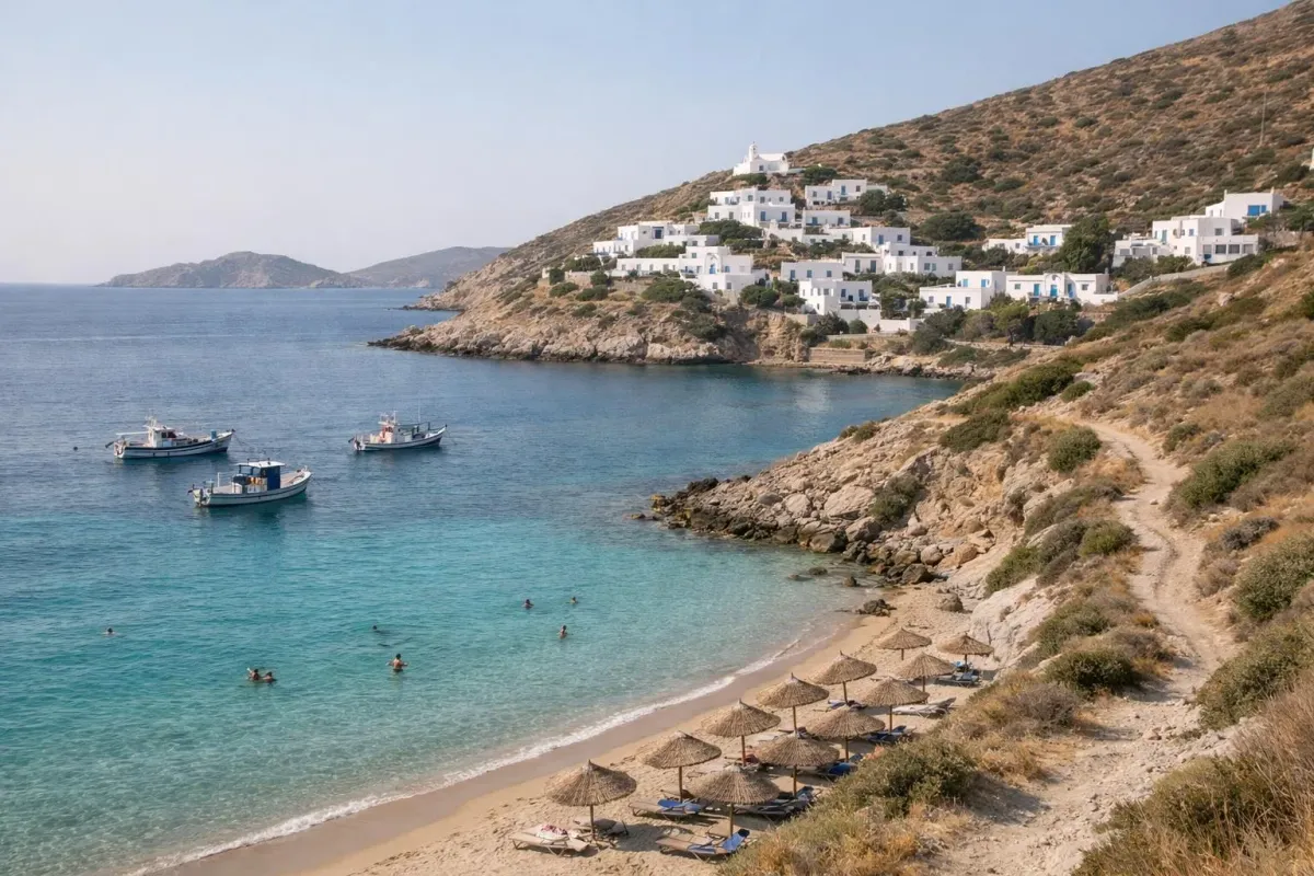 Côte grecque en début d'automne avec baie turquoise cristalline, plage dorée semi-déserte et village blanc perché sur la falaise
