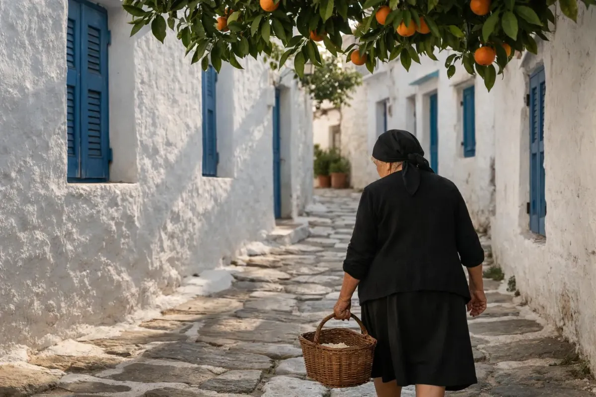 Ruelle pavée authentique d'un village grec traditionnel avec murs blanchis, volets bleus et femme locale, atmosphère paisible sans touristes
