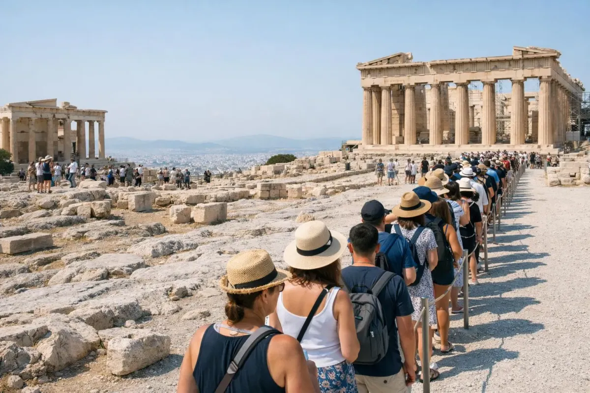 Foule de touristes visitant les ruines antiques de l'Acropole d'Athènes.
