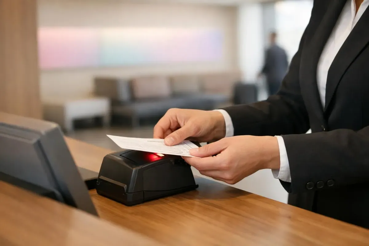 Homme d'affaires utilisant un terminal de paiement électronique.