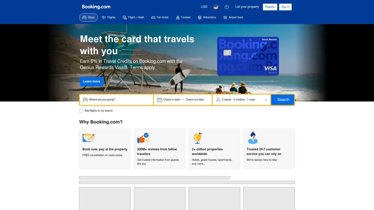 Site web de réservation de voyages Booking.com avec offre de carte de crédit Genius Rewards Visa.