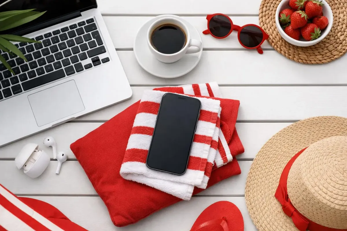Bureau de travail avec ordinateur portable, tasse de café, lunettes de soleil rouges, fraises et chapeau de paille.