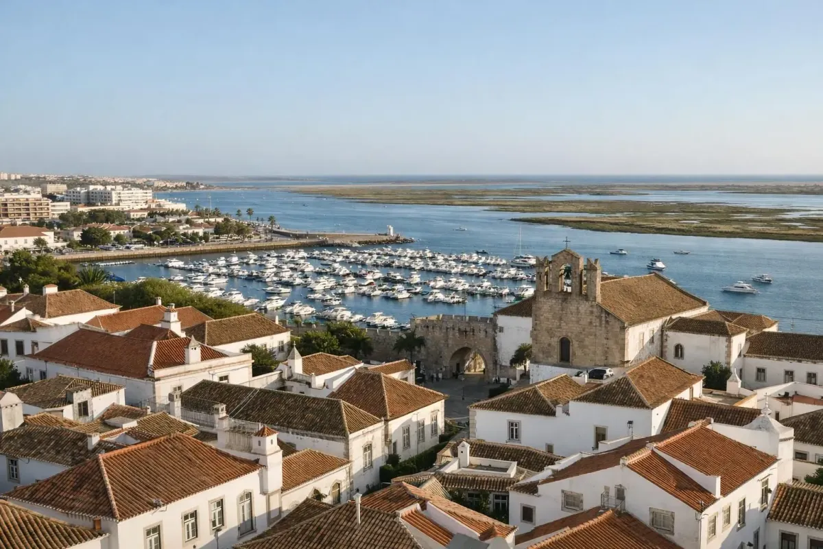 Vue aérienne de la vieille ville historique de Faro entourée d'anciennes murailles de pierre, bâtiments blancs traditionnels portugais aux toits de tuile, bateaux de plaisance en arrière-plan, lagune de Ria Formosa visible
