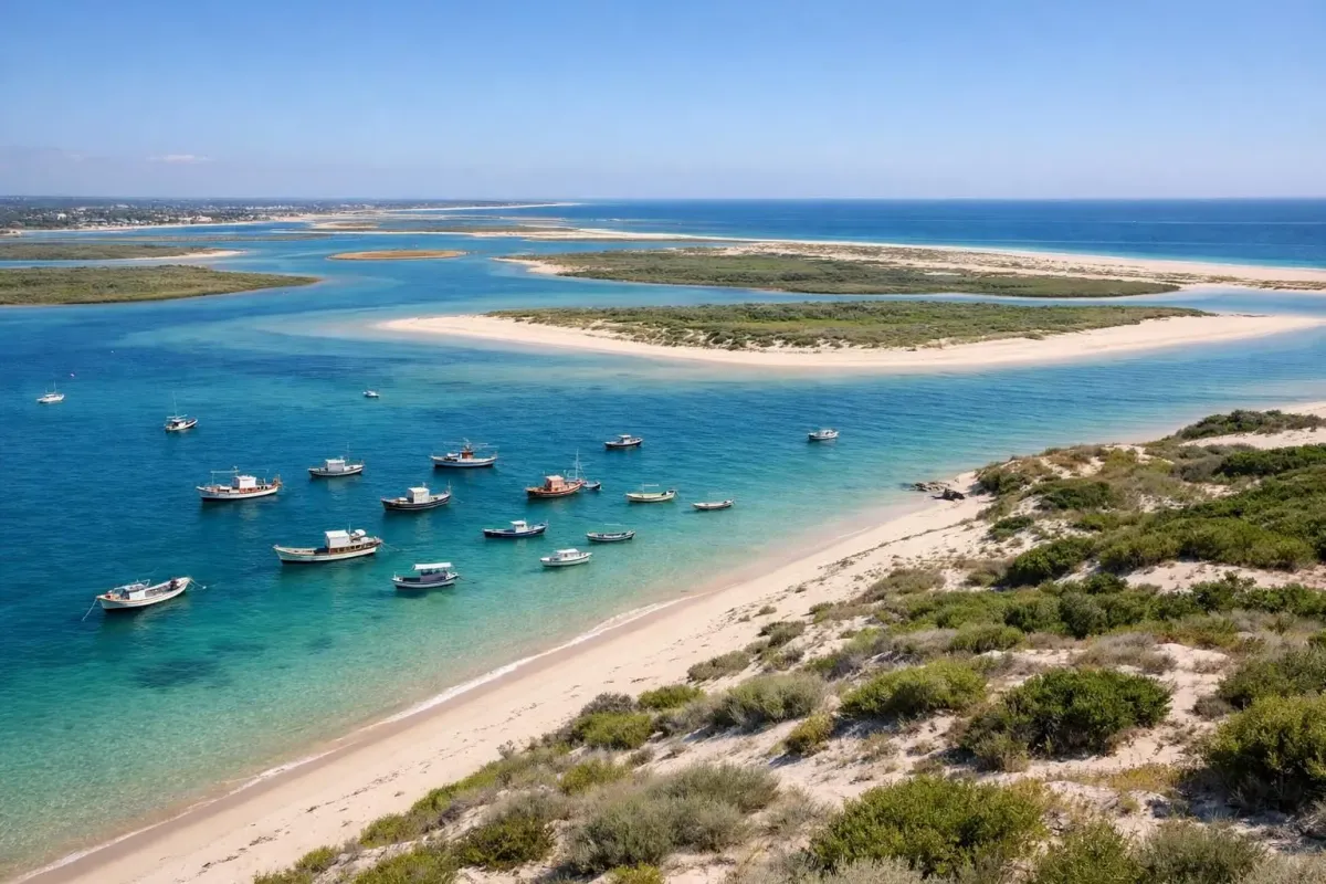 Paysage naturel de la Ria Formosa avec lagune turquoise, plages de sable blanc, barques de pêche traditionnelles, dunes côtières et végétation native, soleil méditerranéen de l'Algarve