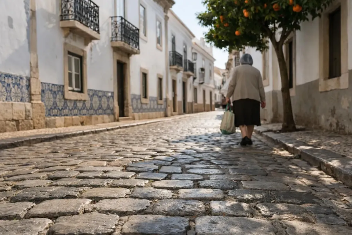 Rue pavée étroite dans le vieux Faro avec bâtiments blancs traditionnels, carrelage orné, balcons en fer forgé, orangers projetant des ombres, femme âgée locale marchant avec son sac