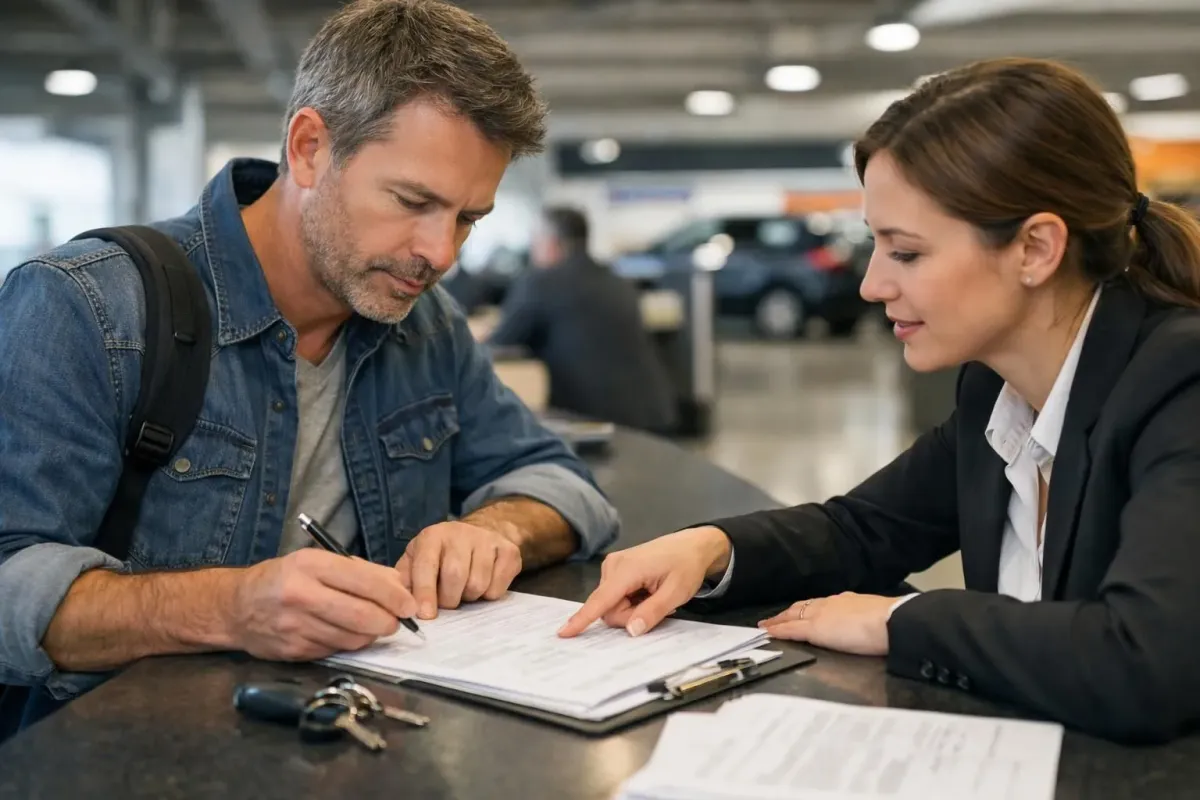 Un voyageur à l'aéroport de Lisbonne examine avec inquiétude les documents du contrat, l'agent de location pointant du doigt les papiers, dans un décor réaliste de comptoir de location de voitures.