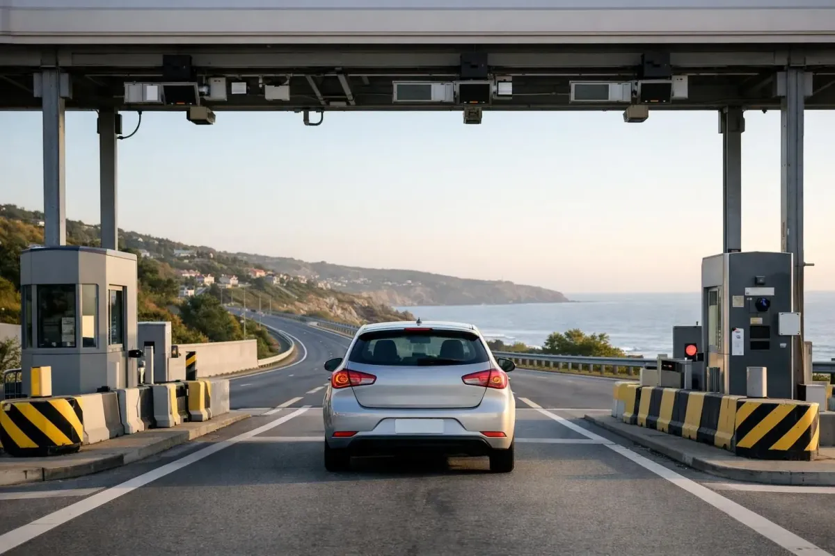 Autoroute côtière portugaise A5 près de Cascais avec voiture de location traversant un péage électronique, océan Atlantique visible à l'arrière-plan, temps ensoleillé.