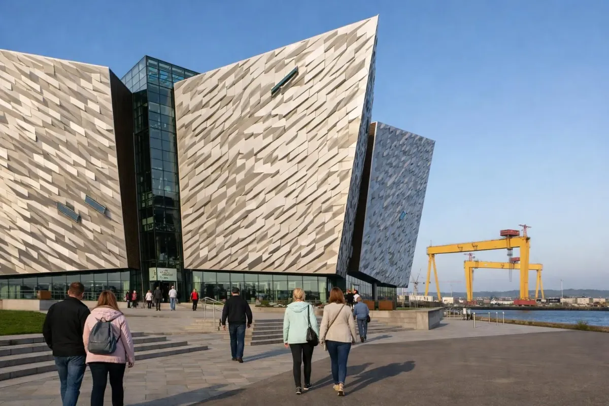 Musée du Titanic à Belfast avec sa façade métallique angulaire reflétant le soleil matinal, visiteurs à l'entrée, grues historiques du chantier naval en arrière-plan