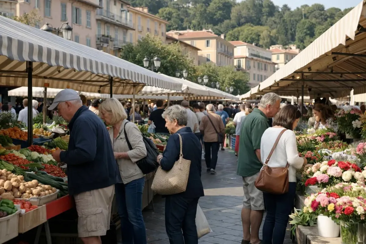 Marché aux fleurs du Cours Saleya à Nice avec étals colorés, produits frais et habitants le matin