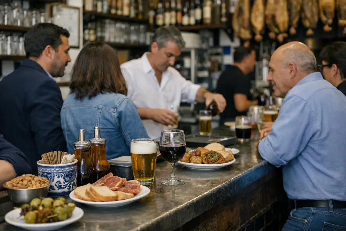 Un groupe de personnes partageant des tapas et des boissons dans un bar authentique de Séville.