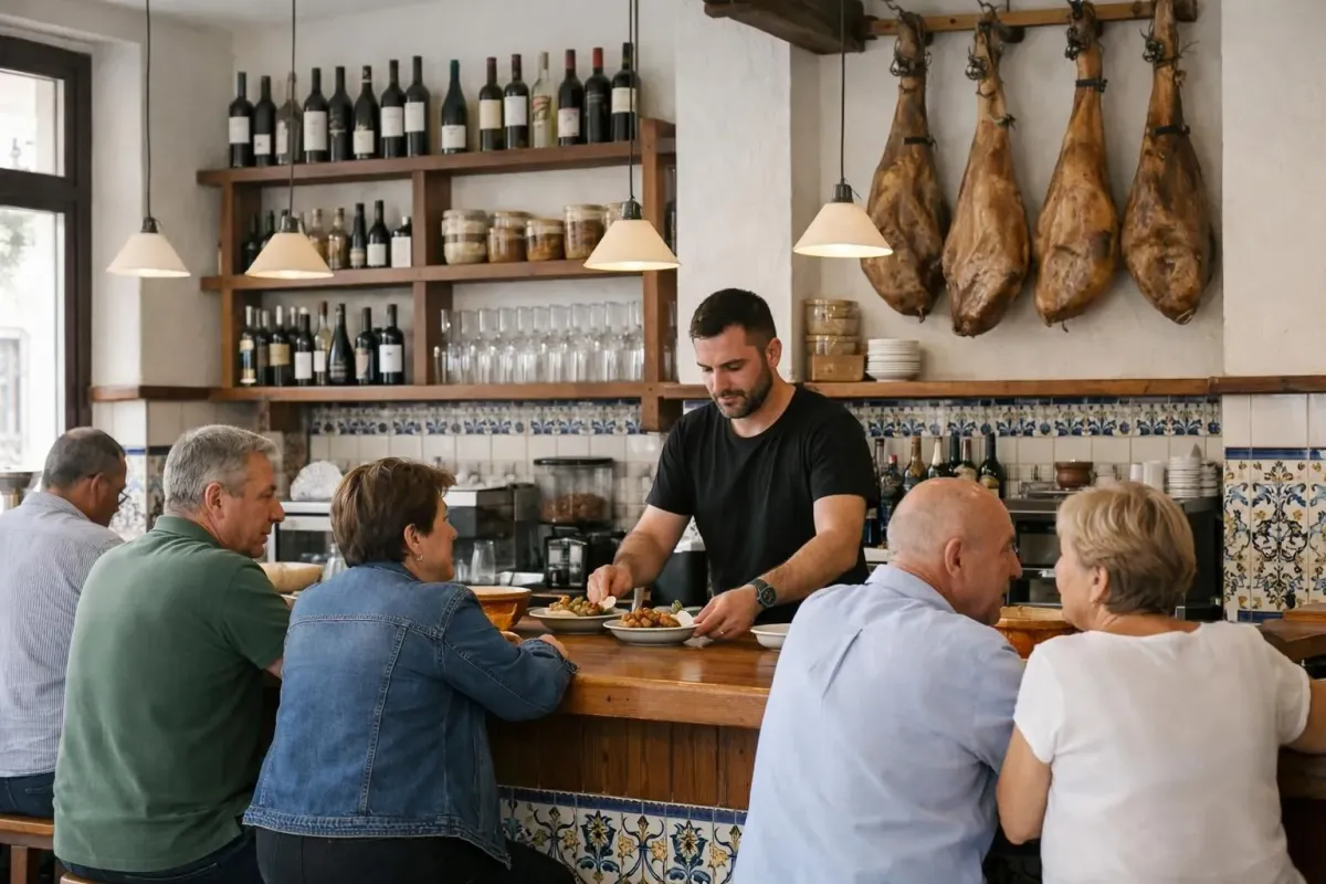 Intérieur authentique d'un bar à tapas sévillan avec locals accoudés au comptoir en bois, étagères rustiques de bouteilles, carrelages andalous traditionnels, jamón suspendu, lumière naturelle