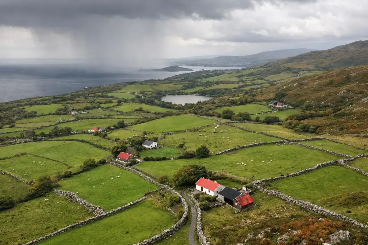 Paysage verdoyant d'Irlande avec champs luxuriants, murets de pierre, cottages dispersés et ciel nuageux dramatique.
