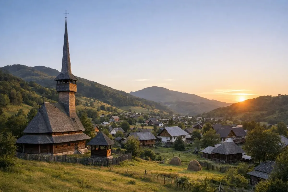 Église en bois traditionnel du Maramureș avec son clocher élancé entouré de collines verdoyantes et de maisons rurales roumaines sous un ciel bleu
