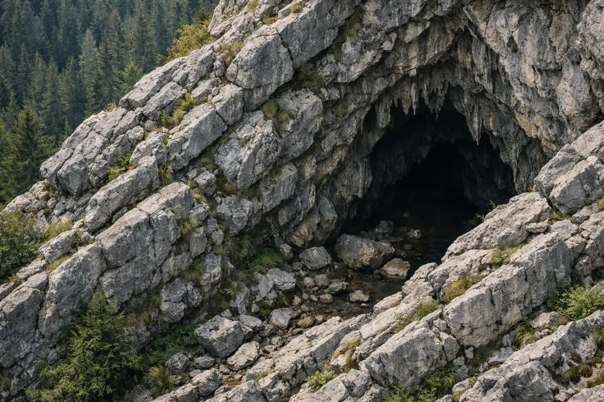 Rugged cave entrance in a forested mountain landscape.