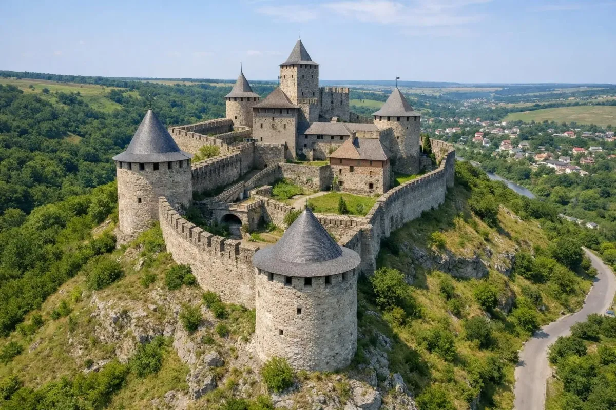 A medieval castle perched atop a hill, surrounded by lush greenery.