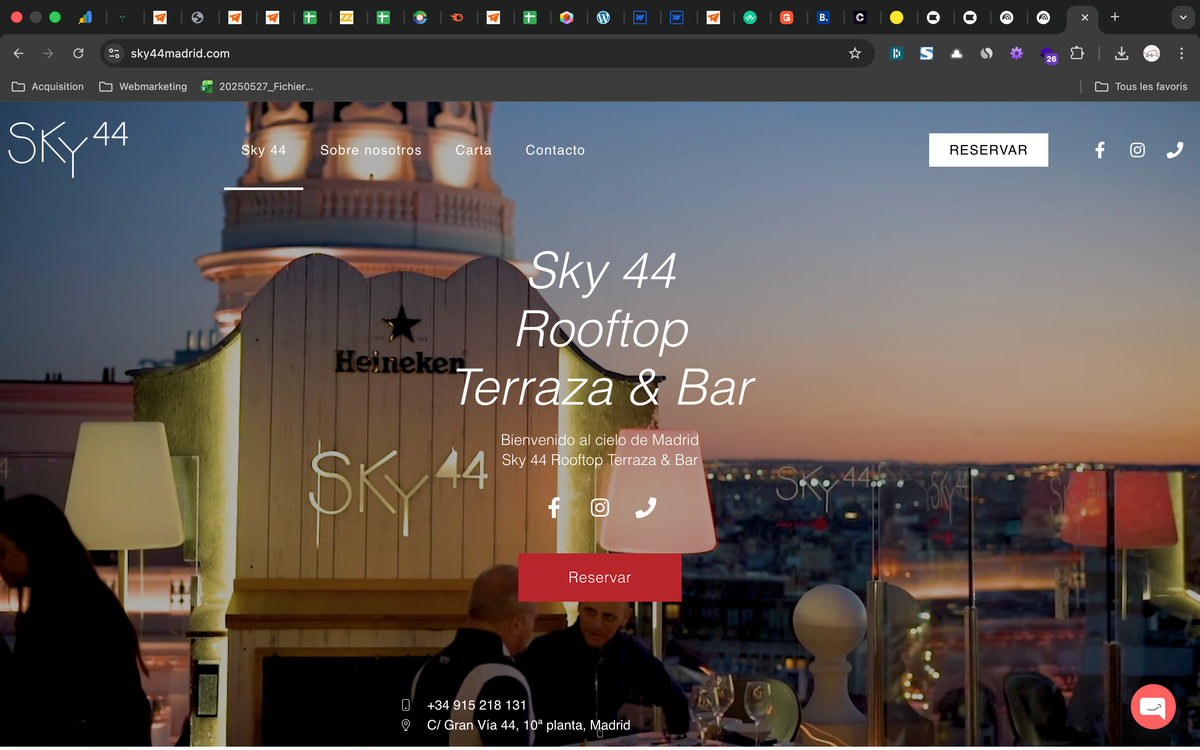 Capture d'écran du site officiel du Sky44, rooftop bar emblématique de Madrid