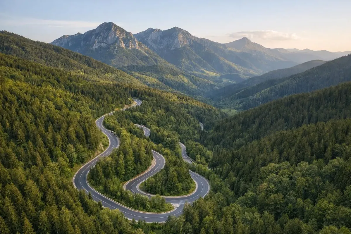 Route sinueuse des Carpates encadrée de forêts denses, virages épingles et pics rocheux au loin, lumière dorée en perspective aérienne